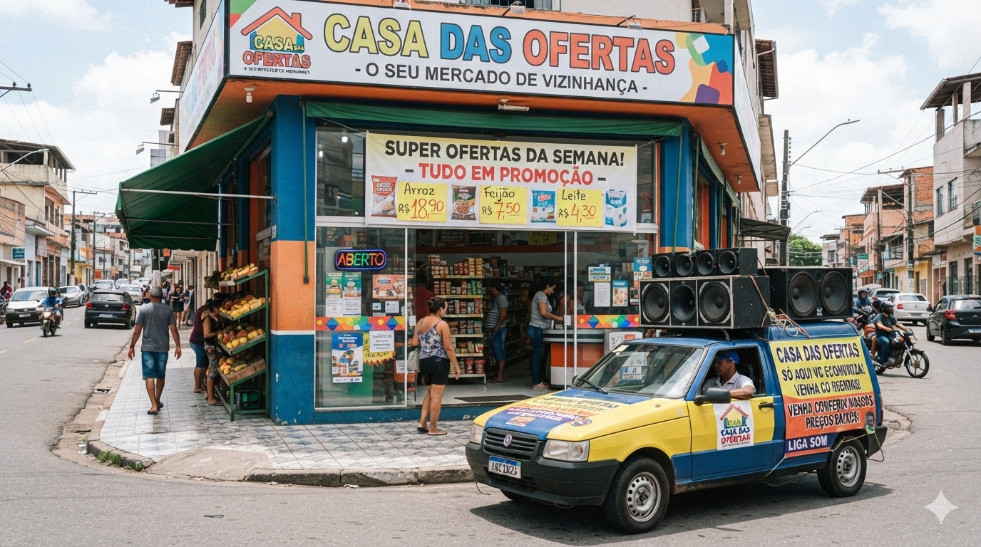 Fachada de loja com faixa de promoção na vitrine e carro de som parado na rua